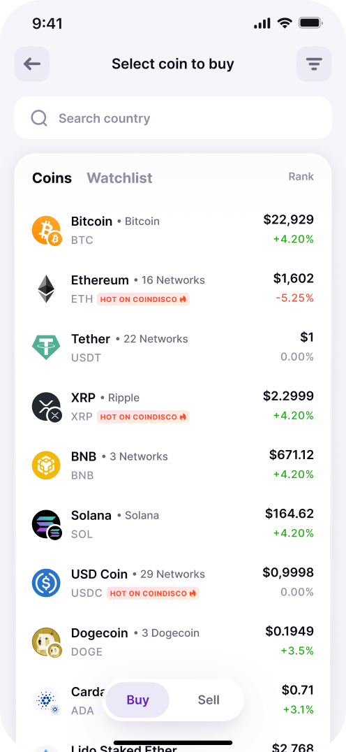 Mobile application screen: list of coins to buy